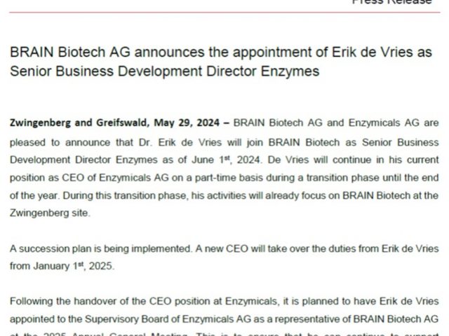 Enzymicals AG announces management transition of the CEO to the Supervisory Board